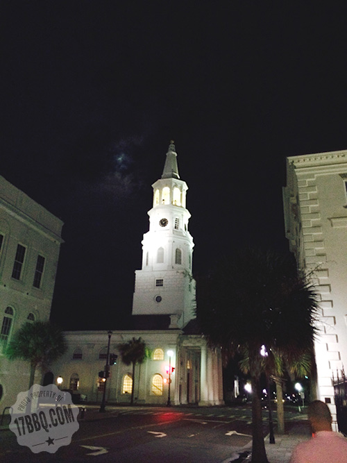 Charleston church steeple at night