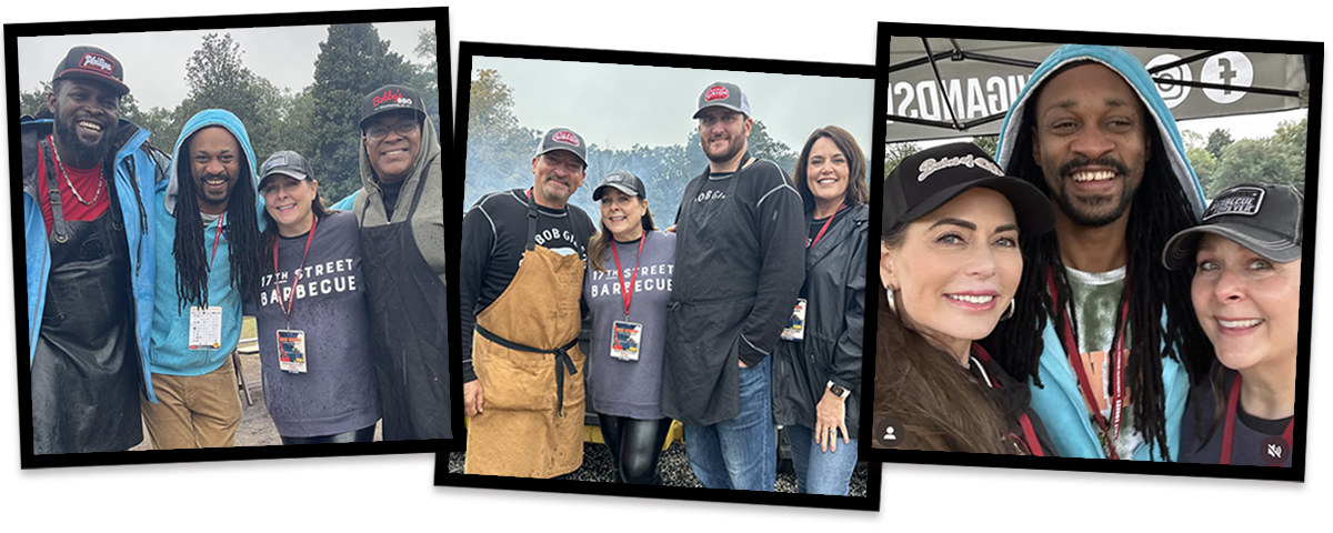 Amy Mills shown in row of 3 pictures with multiple friends from the barbecue community